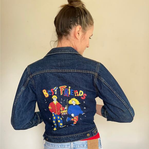 Vintage 80s Dark Wash Denim Best Friends Graphic Buttoned Jacket / XS - Picture 1 of 12